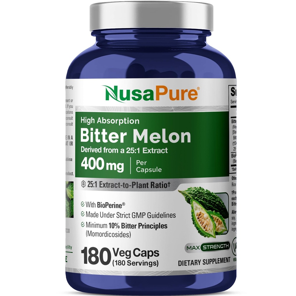 NusaPureビターメロンエキス10,000mg 180ビーガンキャップ(100%ベジタリアン、非GMO、グルテンフリー、10%ビター原則)バイオペリン