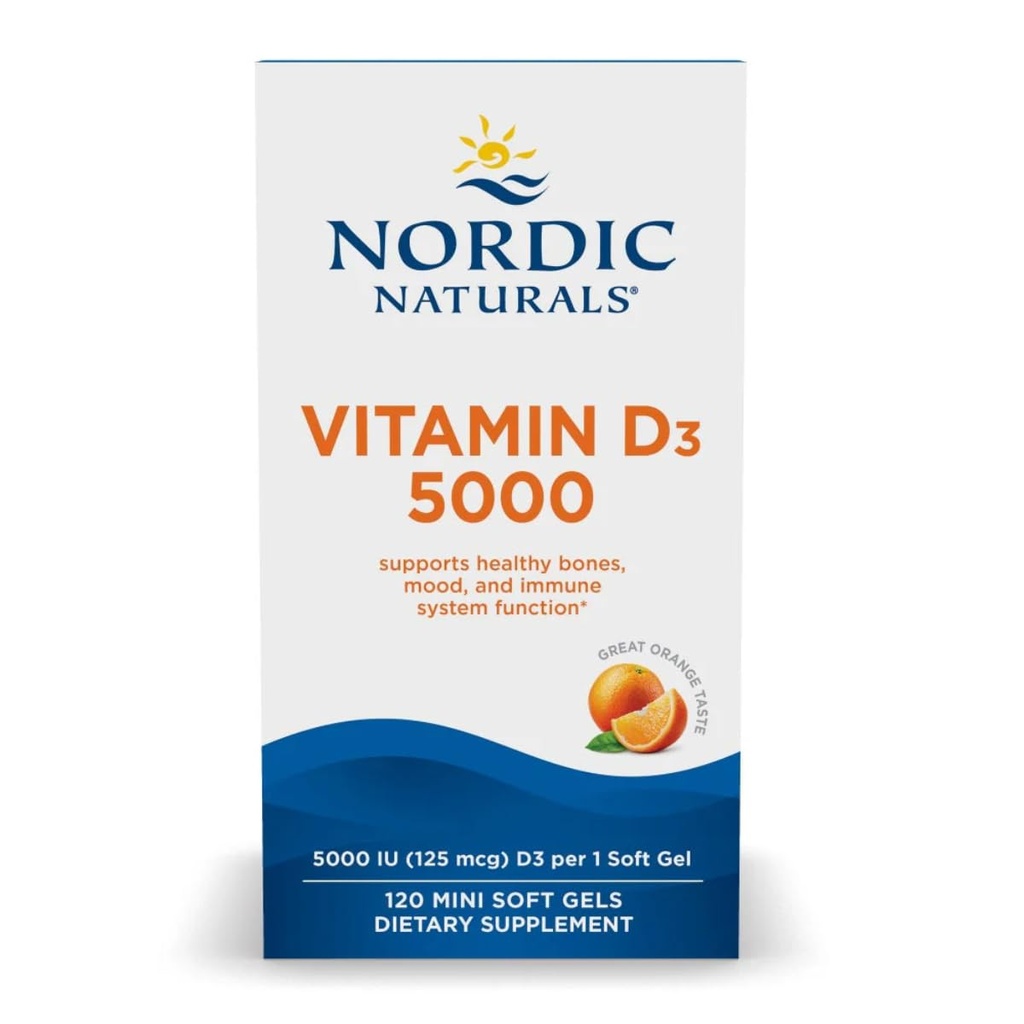 ノルディックナチュラルビタミンD3 5000、オレンジ - 120ミニソフトジェル - 5000 IUビタミンD3 - ヘルシーボン、気分&免疫システム機能をサポート - 非GMO - 120サービング