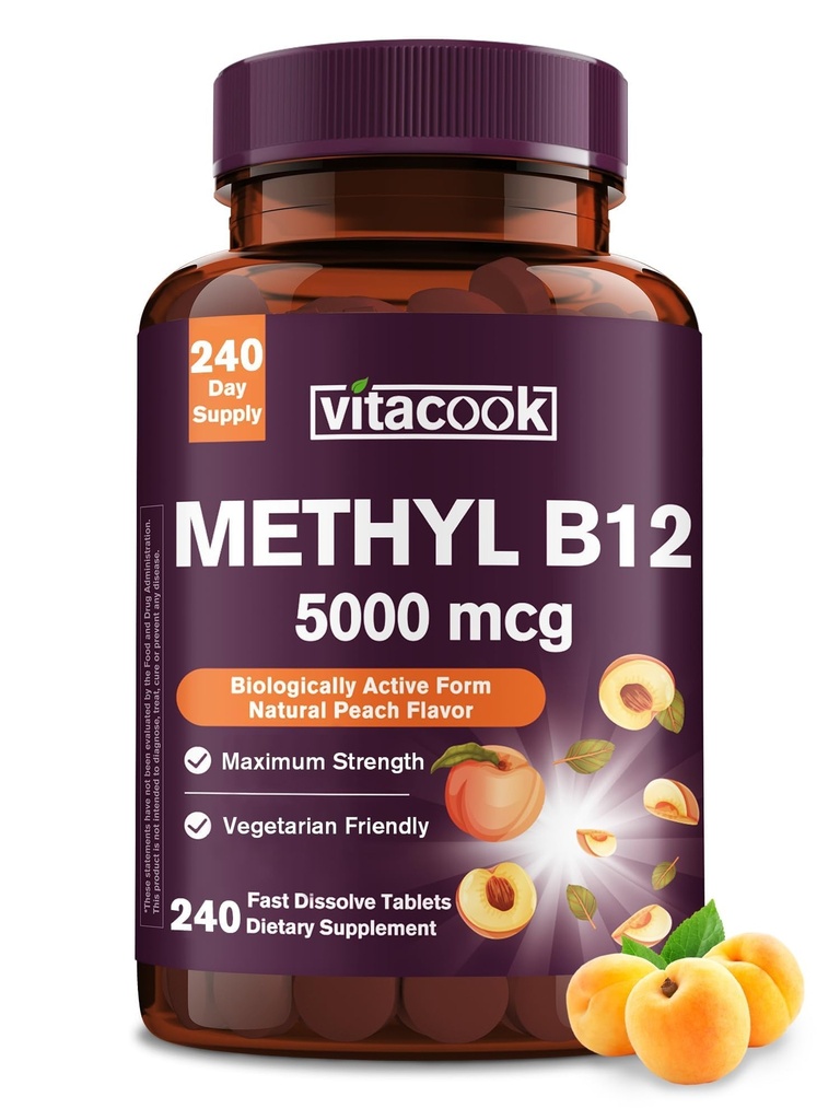 ビタミンB12サブリンガル, エネルギー生産のためのメチルコバラミン5000mcg, エネルギー, ネルブ & セルサポート, ナチュラルピーチ風味, ビーガン, ゼロ砂糖, 240 高速分解錠