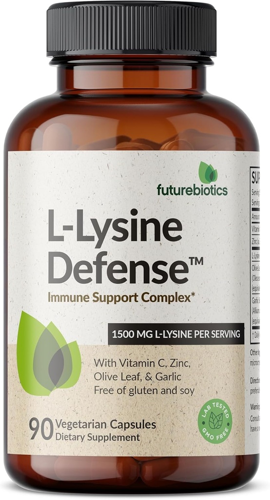 Futurebiotics L-Lysine防衛免疫サポートコンプレックス1500 MG/ビタミンC、亜鉛、オリーブリーフ&ニンニク-非GMO、90ベジタリアンカプセル