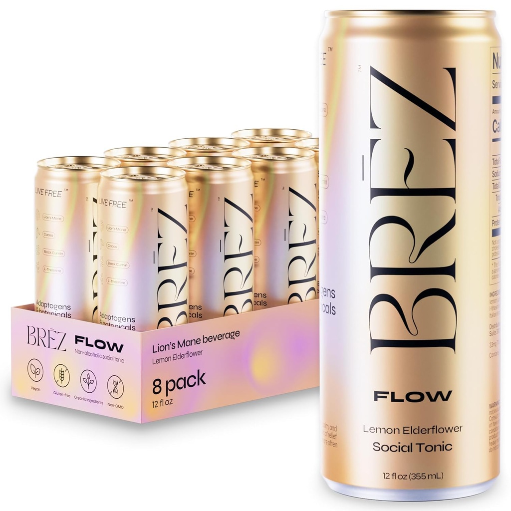 BREZ FLOW Lion’s Mane Mushroom Drink, 8-Pack, Non-Infused, Adaptogens, Relieving, Uplifting, and Social, Sparkling Lemon Elderflower Tonic 12 Fl oz