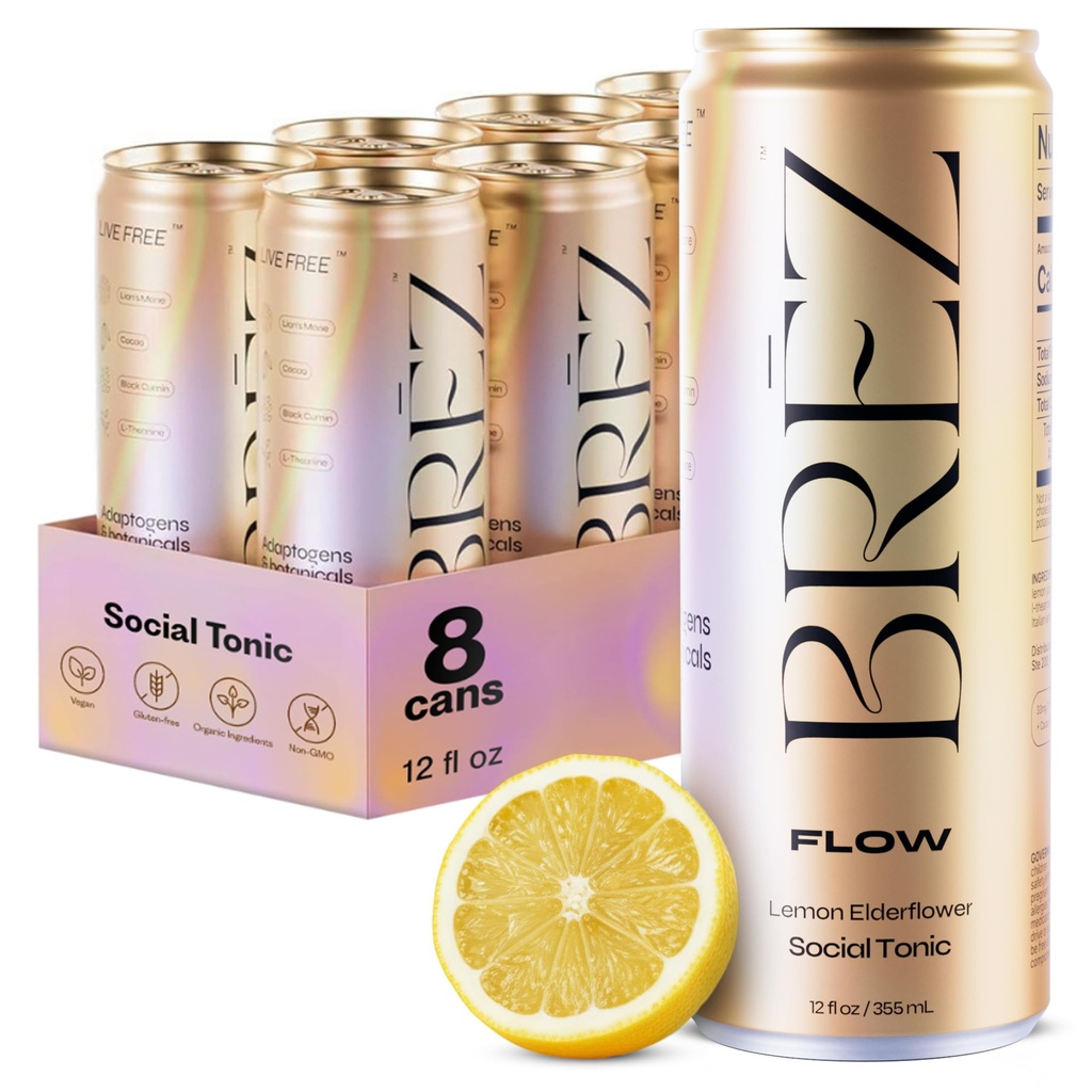 BREZ FLOWのライオンのマネのきのこの飲み物、8パック、非注入された、アダプトゲン、緩和、アップリフト、および社会、スパークリングレモンエルダーフラワートニック12 Fl oz