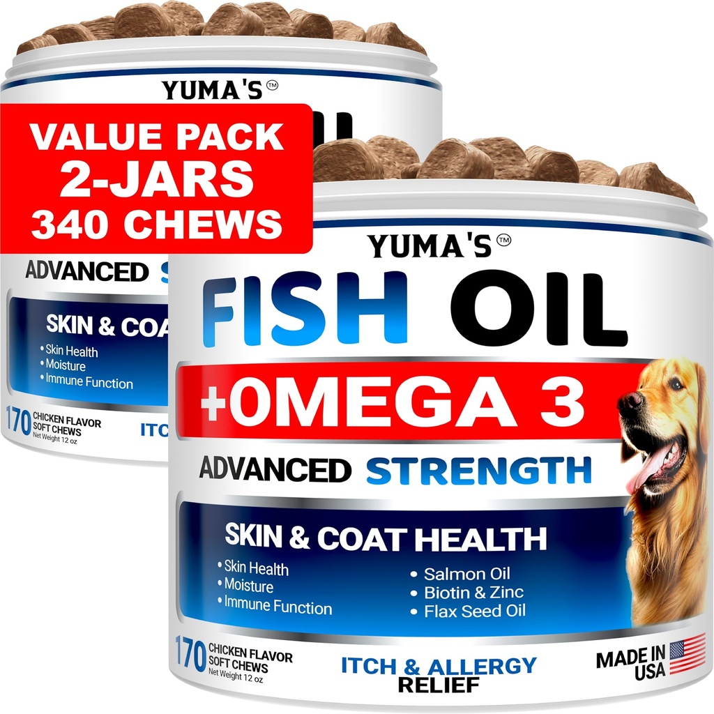(2 Pack) Omega 3 Fish Oil for Dogs - 340 Ct - Dog Skin and Coat Supplement | Omega 3 for Dogs - Dry & Itchy Skin Relief Treatment - Allergy Support Dog Anti Shedding Treats - Salmon - Chicken Flavor