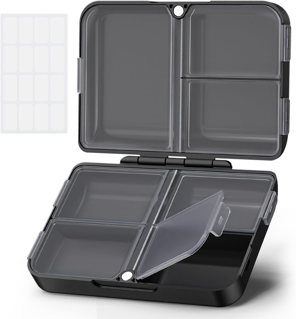 AUVON Daily Pill Organizer Fit with Your Purse or Pocket, Compact Travel Pill Box Case with Slim Folding Design and Long-Lasting Hinges to Hold Vitamin, Fish Oil, Supplement or Jewelry(Black)
