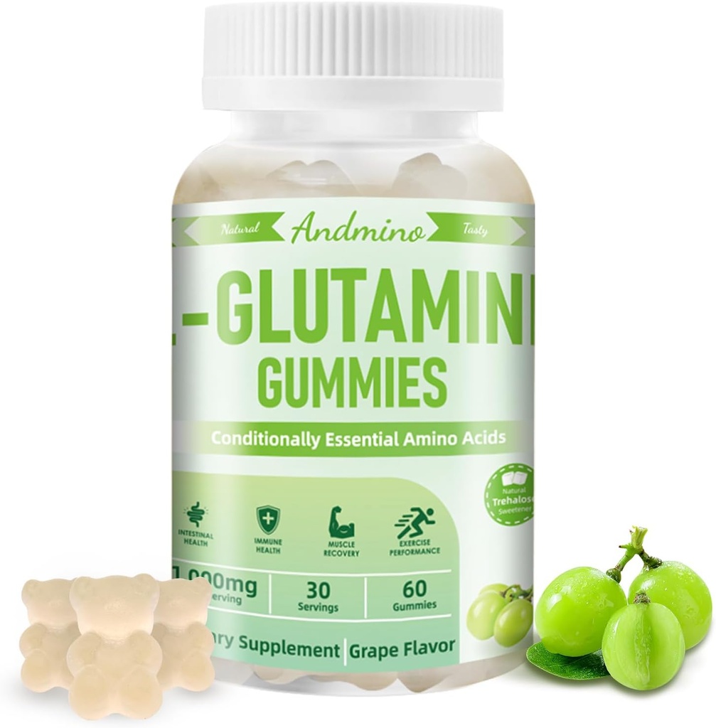 Lグルタミンガミー1000mg、トレハロース、Lグルタミンサプリメントサポート腸、ブースト免疫&筋肉健康、大人&子供、非GMO、ビーガン、グルテンフリー、ブドウ味、60