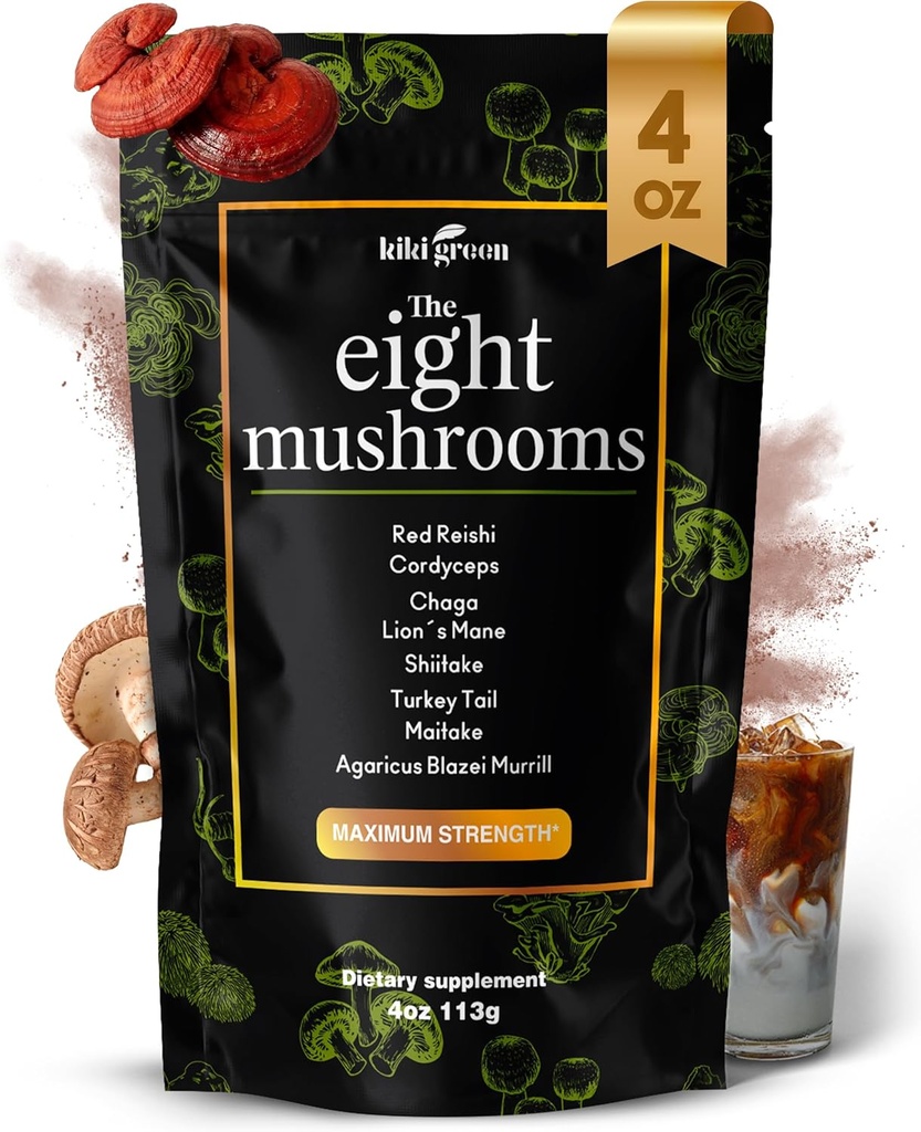 キキグリーン8マッシュルームパウダーエキス - コーヒーとスムージーのための4オンスの適応性コンプレックス - ライオンズマネ、チャガ、玲石、コルディセプ、舞茸、椎茸 - 焦点とエネルギー