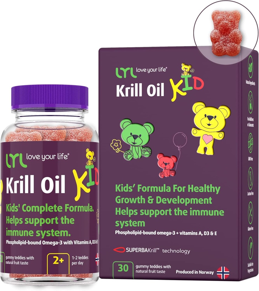 LYL Krill オイル キッド ギーミー は、ビタミン D 3、ビタミン E とビタミン A - リン脂質ポンドオメガ 3 健康な成長と開発のための - オレンジ、アップル ・ ラズベリー テイストとグミイラベア (パック 30)