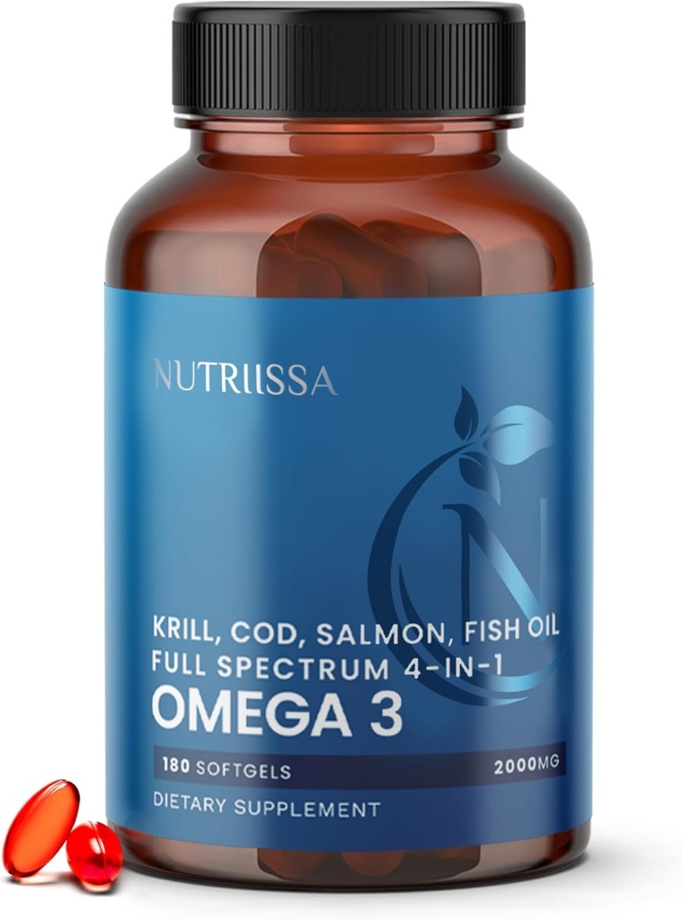 Nutriissaフルスペクトラムオメガ3 - 2000 mgオイルブレンド(Krill、Cod&Salmon Oil) - 1175 mgオメガ3s(EPA、DHA&DPA) - EPEB認定、3ヶ月の供給 - 心臓、脳&ジョイントサポート - 180ハラールSoftgels