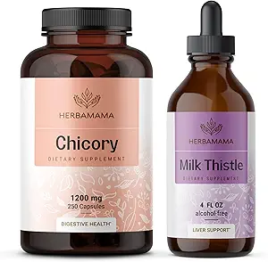HERBAMAMA Chicory and Milk Thistle Kit - Bundle of 1200 mg Chicory Root Capsules & Milk Thistle Tincture 4 fl oz - Vegan, Non-GMO, Sugar & Alcohol-Free - 2 Pack