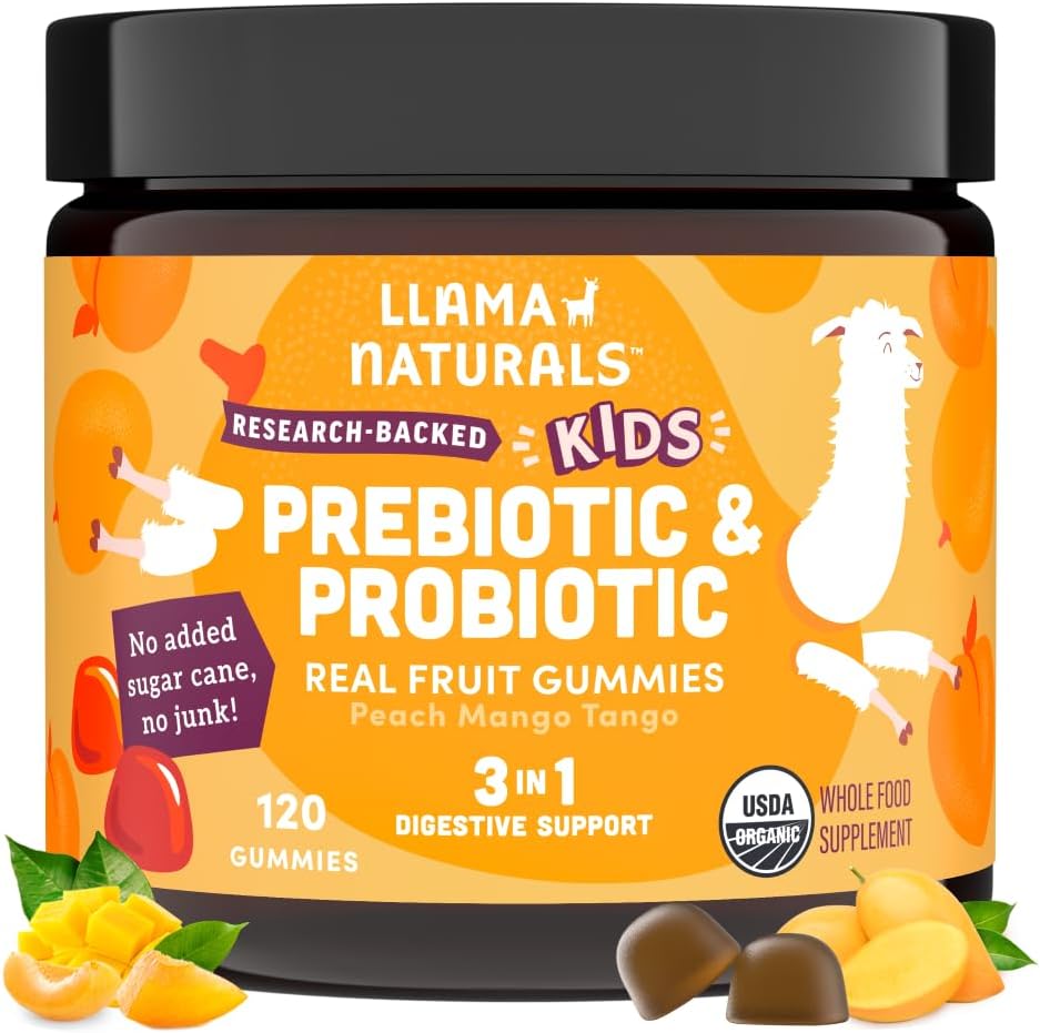 Llama Naturalsは、プレバイオティクス繊維、ビーガン、有機プレバイオティクス、Gut健康サポートのためのプロバイオティクスのグミー、トドル実質のフルーツギーミービタミン、追加砂糖ケーン、ピーチマンゴー、120 Ct