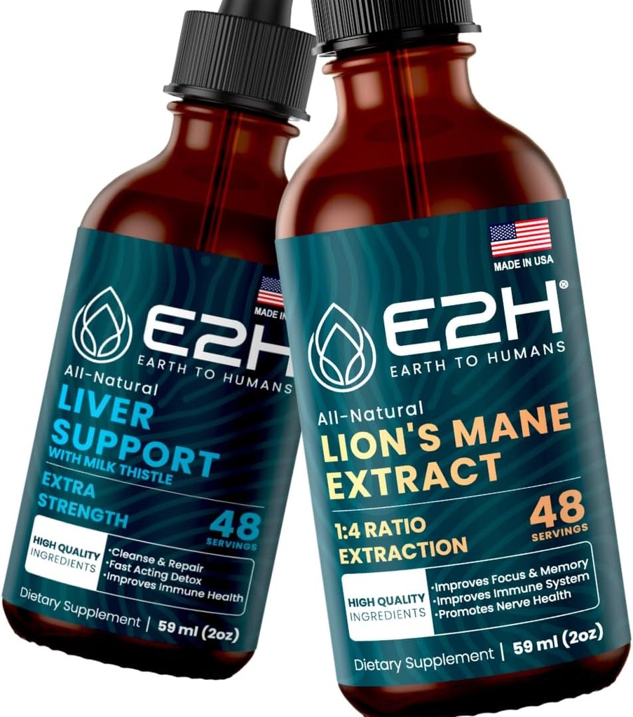 E2H:肝臓サポートサプリメントとコルディセプキノコサプリメント  ビーガン、非GMO - 2 Fl Oz各(4 Fl Oz合計) - バンドル