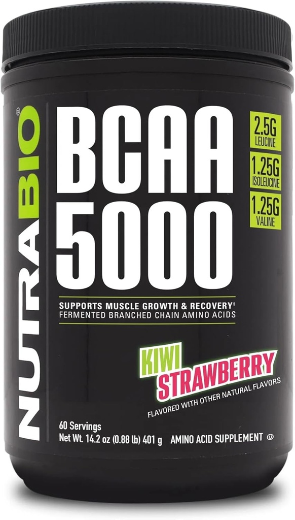 NutraBio BCAA 5000パウダー - ビーガン発酵BCAA - リーンマッスル成長をサポート, 回復, 耐久性 - 60 サービング - キウイイチゴ