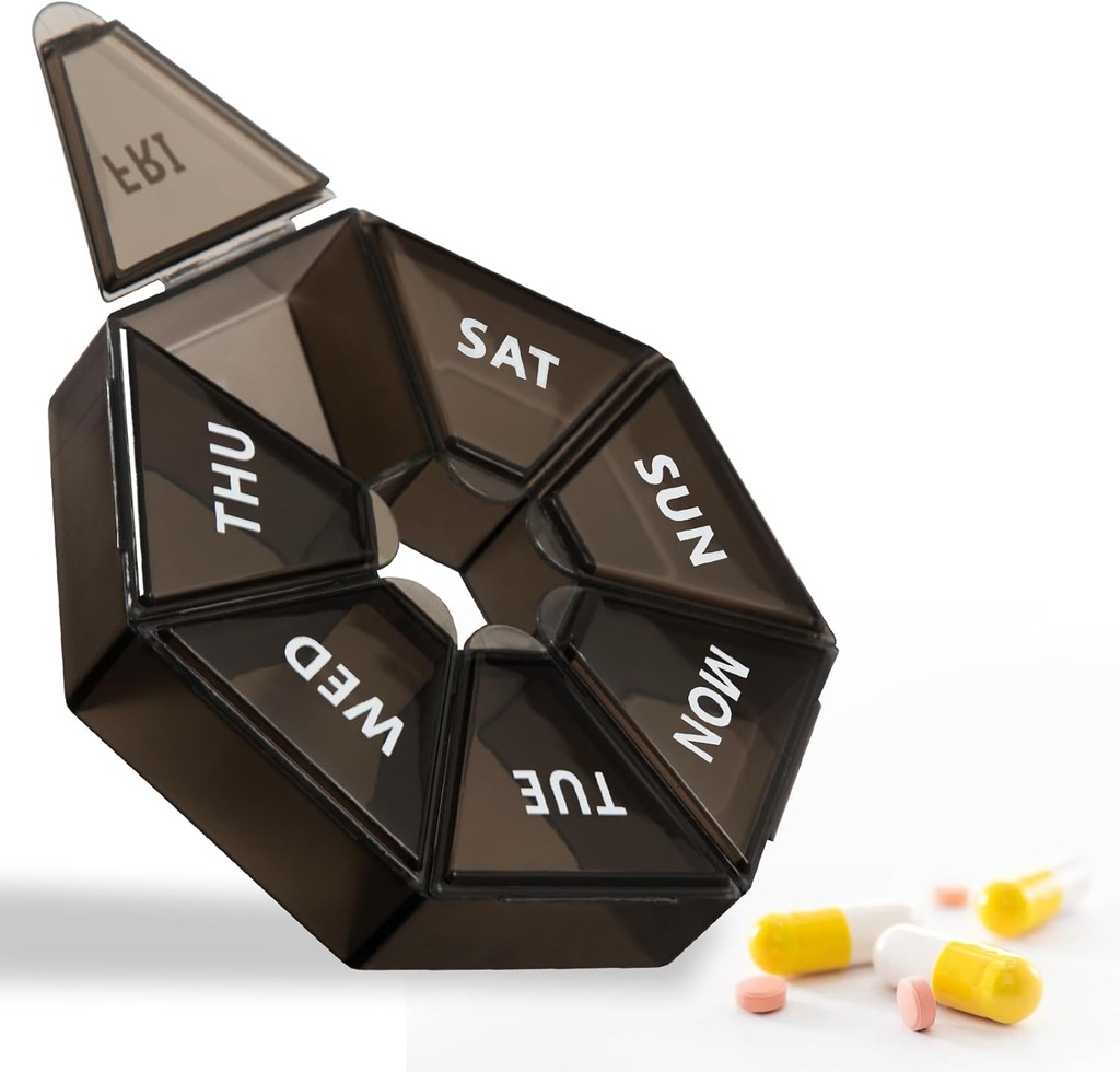 7日週の大型ピルオルガナイザー - 旅行用ピルボックスケース - 魚油、サプリメント、ビタミン、医薬品ホルダー(黒)用ディスペンサー