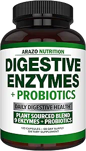Digestive Enzymes with Probiotics - Multi Enzyme Nutritional Supplement - Acidophilus Bromelain Papaya Papain Lipase & Lactase - Improve Digestion - 120 Pills - Arazo Nutrition
