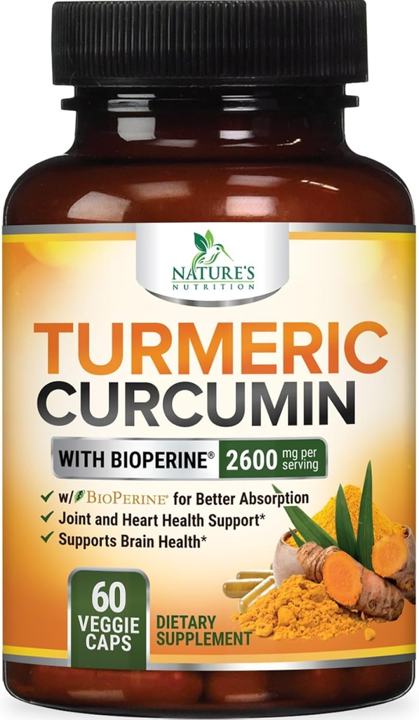 Turmeric Curcumin Supplement 2600mg - 95% Curcuminoids with Organic Turmeric & BioPerine Black Pepper Extract for Best Absorption, Natural Vegan Joint Support, Non-GMO, Bottled in USA - 60 Capsules