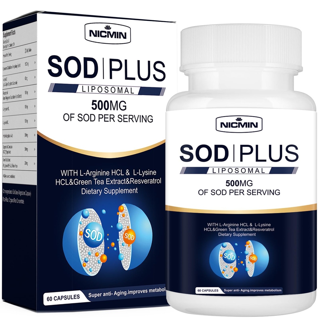 超酸化物ディスムターゼサプリメント500mg - SOD プラスとリポソームグルタチオン, AKG, グリーンティーエキス, L-アルギニン, リジン, レスベラトロールと免疫サポートのためのビタミンE, 抗酸化 60 カプセル