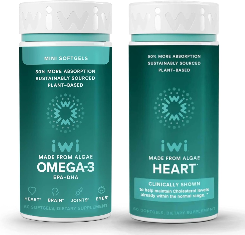 Iwi Omega-3ミニ&ハートオメガ-3バンドル、30サービング、ビーガン植物ベースの藻オメガ3、Krill&フィッシュオイル代替、魚介類の後味なし