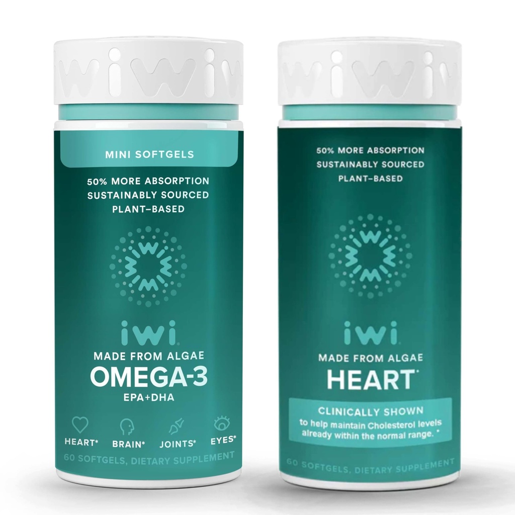 Iwi Omega-3ミニ&ハートオメガ-3バンドル、30サービング、ビーガン植物ベースの藻オメガ3、Krill&フィッシュオイル代替、魚介類の後味なし