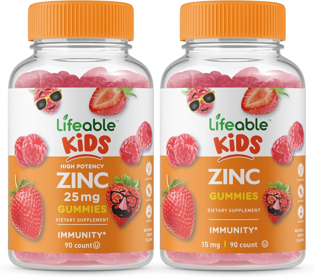 Lifeable Zinc 25mg Kids + Zinc Kids, Gummies Bundle - Great Tasting, Vitamin Supplement, Gluten Free, GMO Free, Chewable Gummy