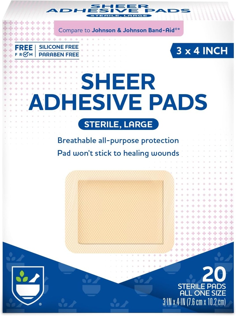 Rite Aid Sheer 粘着バンデージ with Sterile Non Stick Pad, 3" x 4" - 20 カウント | Wound Care/First Aid Supplies | 包帯包 | 皮膚包帯用テープ