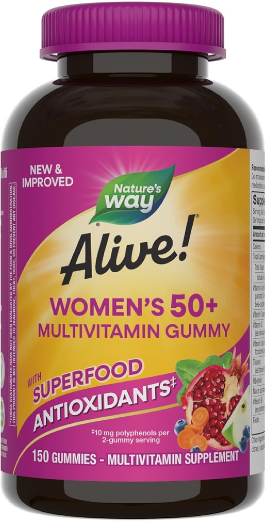 Nature's Way Alive! Women's 50+ Daily Gummy Multivitamins, Women's Supplements, Supports Healthy Heart, Brain & Bones,* B-Vitamins, Mixed Berry Flavored, 150 Gummies (Packaging May Vary)