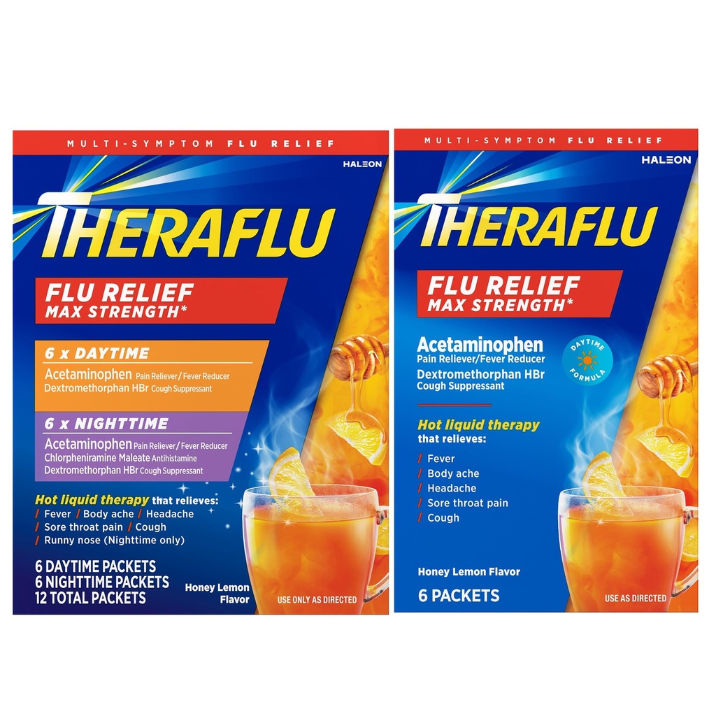 Therafluの最高の強さの昼間及び夜間のフル 症状の救助の蜂蜜のレモン味の粉及び昼間のフル 症状の救助の蜂蜜のレモン粉、6昼間の+ 6夜、及び6蜂蜜のレモン味の粉の小箱