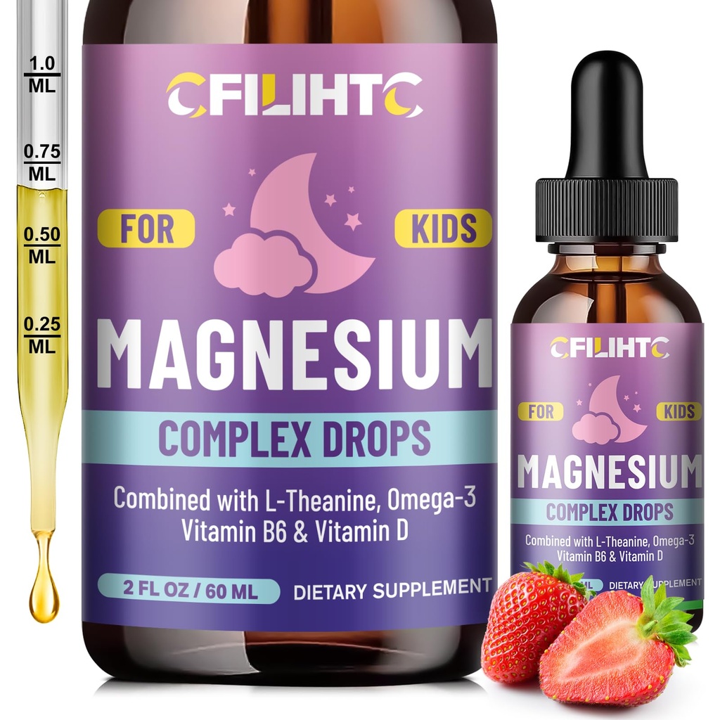 子供のマグネシウムの液体は子供の補足w/L-theanine、Omega-3、ビタミンB6、D3 -のための眠り、弛緩、頭脳、骨- 2 Fl Ozの子供のカルム、いちごの味のために低下します