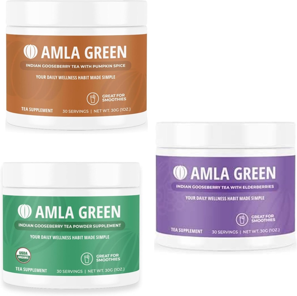 Amlaパウダー、カボチャスパイスとグリーンティースーパーフードサプリメント&インドグーズベリー&エルダーベリー、オーガニック、ビーガン、30サービング
