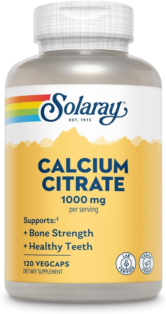Solaray Calcium Citrate 1000mg - Chelated Calcium Supplement - Supports Bone Strength and Healthy Teeth - Easy to Digest - 60-Day Guarantee, Vegan - 30 Servings, 120 VegCaps