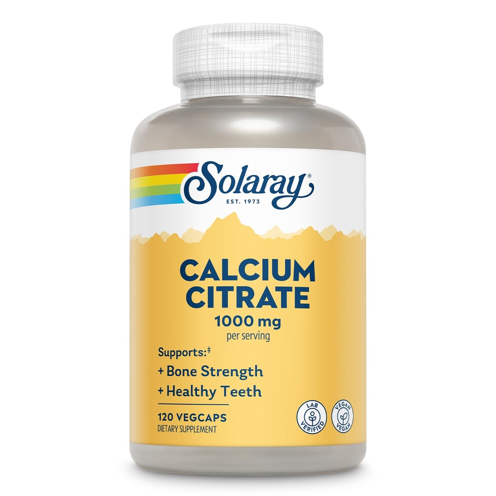 Solarayカルシウムクエン酸塩1000mg - ケレートカルシウムサプリメント - 骨の強度と健康的な歯をサポート - 消化しやすい - 60日間保証、ビーガン - 30サービング、120ベジーキャップ