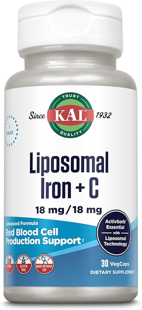KAL Liposomal Iron Supplement with Liposomal Vitamin C, Iron Supplement for Women and Men, High Absorption, Gentle Iron Pills, Vegan, Gluten Free, 30 Servings, 30 VegCaps