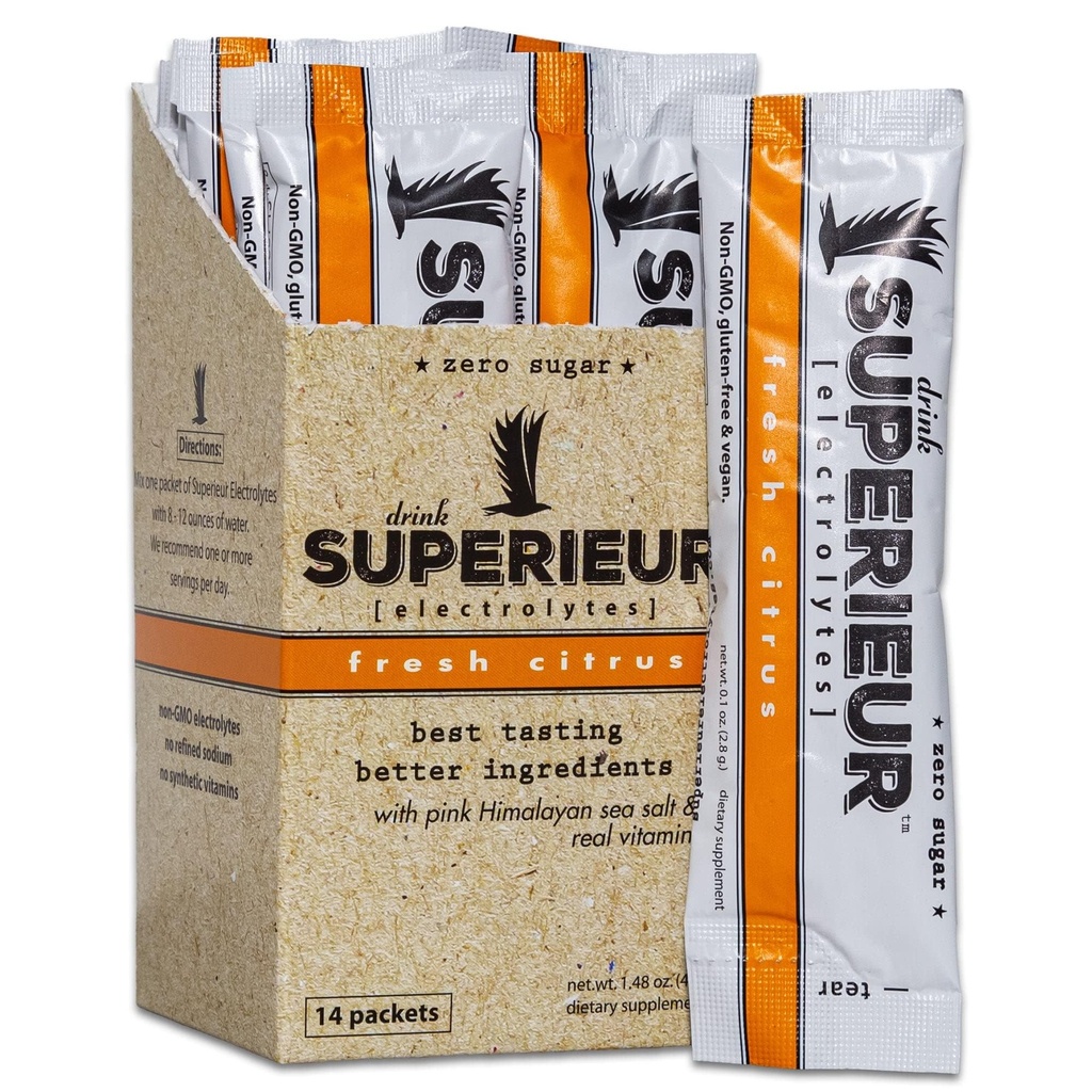 Superieur電解質粉末パケット - ビーガン電解水化パウダーw / 海ミネラル - Ketoフレンドリー、非GMO、ゼロ砂糖電解液サプリメント - 健康的なスポーツドリンク - 柑橘類(14パケット)