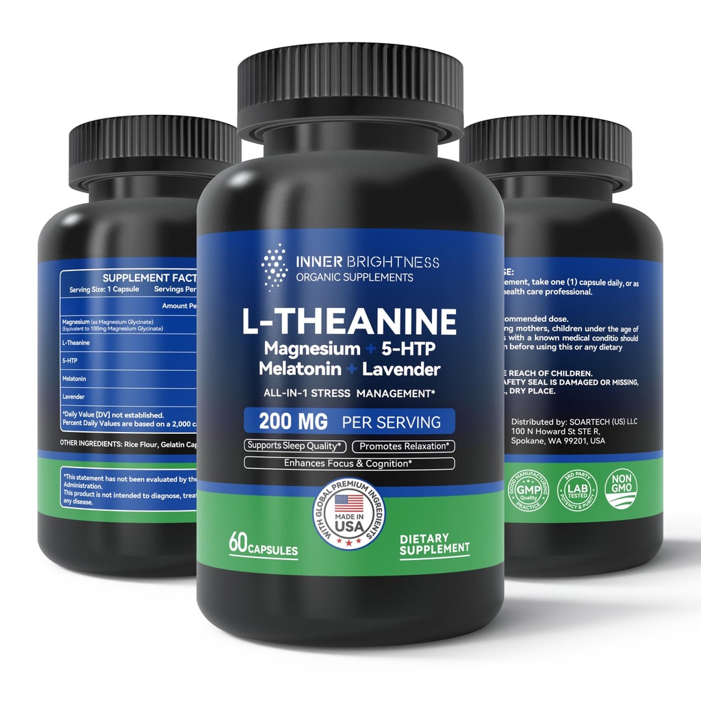 Lテアニン200mg、マグネシウム、5-HTP&メラトニン - ストレス軽減、フォーカス&認知、睡眠のためのオールイン1 L-テアニンサプリメント - 60カプセル