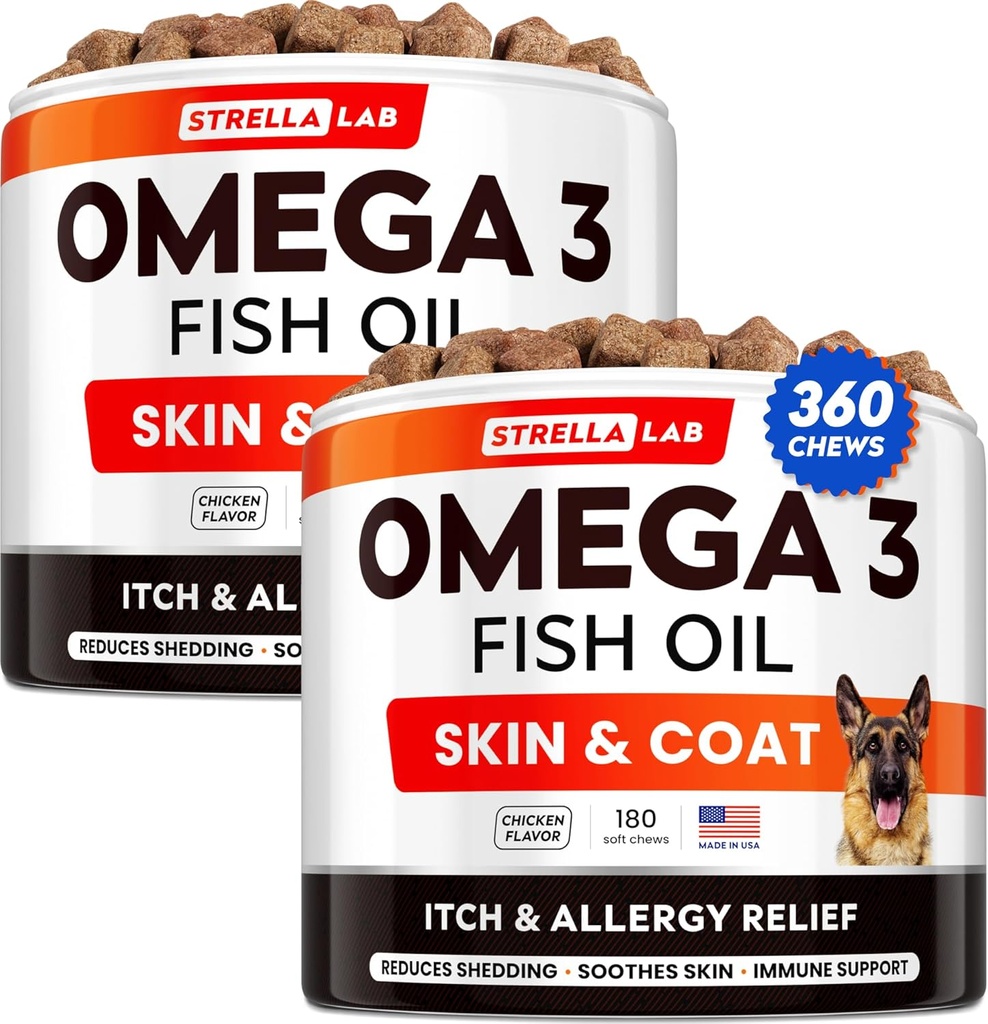 STRELLALAB Omega 3 for Dogs - (360Ct) フィッシュオイルトリート - アレルギー&イッチリリーフスキン&コートサプリメント - 乾燥肌、アンチシェイディング&ホットスポットトリートメント - ペットサーモンオイルチュー - チキンフレーバー
