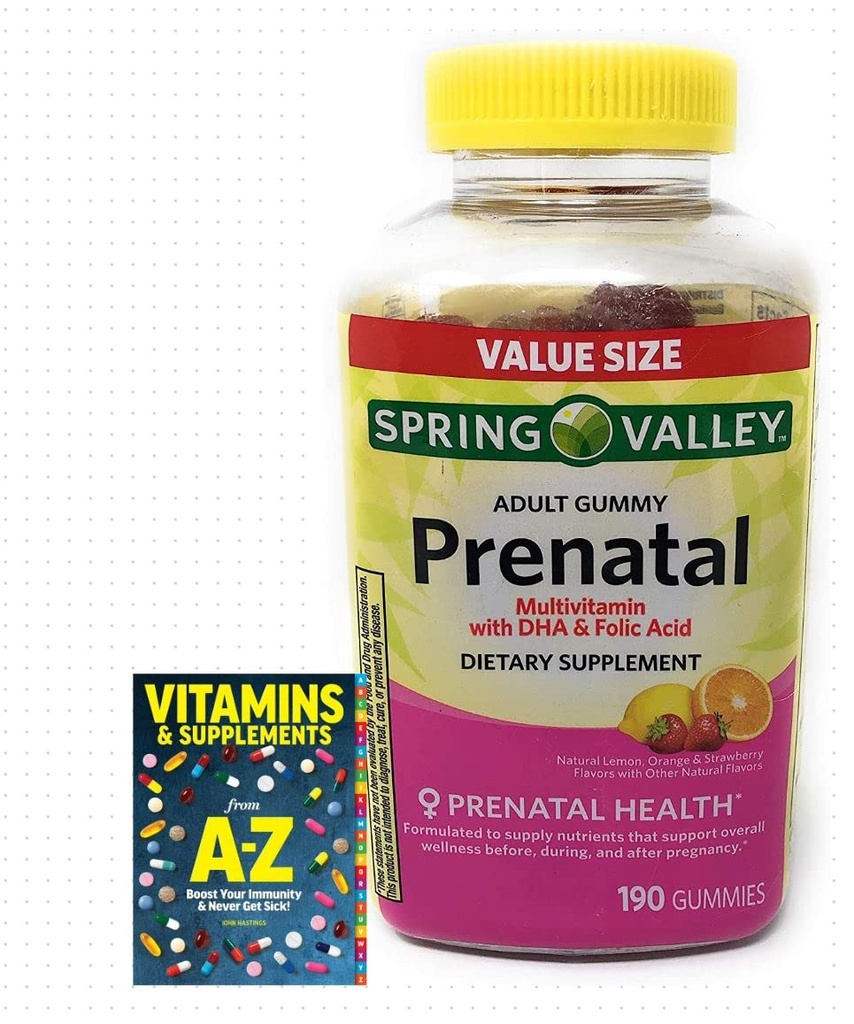 春の谷の大人の胎児の健康のMultivitamin DHA及び葉酸、フルーツ、190 Gummies+Betterガイドのビタミンは予約を補います