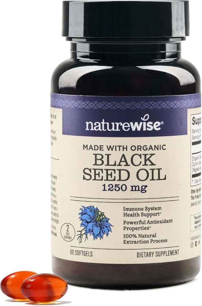 NatureWiseブラックシードオイルSoftgels 1250 mg - 100%オーガニックコールドプレスニゲラサティバ - Omega 3 6 9 - 抗酸化免疫サポート、髪と皮膚 - 非GMO、グルテンフリー - 60Softgels[1ヶ月の供給]
