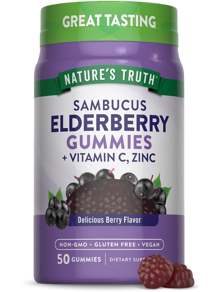 Nature's Truth Black Elderberry Gummies | 50 ビーガングミー | ビタミンCと亜鉛で | ベリーフレーバー | ビーガン、非GMO、グルテンフリーサプリメント