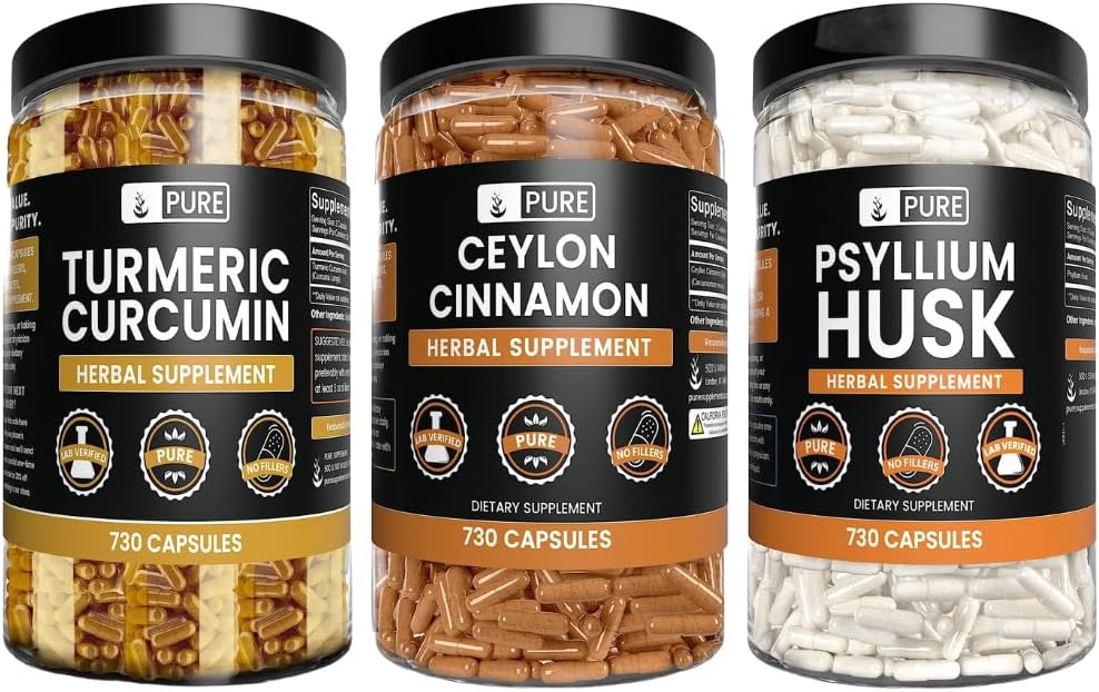 純粋な元のINGREDIENTSのCeylonのシナモン、Psylliumの殻、およびTurmericのカプセルの束(730カプセルそれぞれ)、マグネシウムまたは米の注入口無し