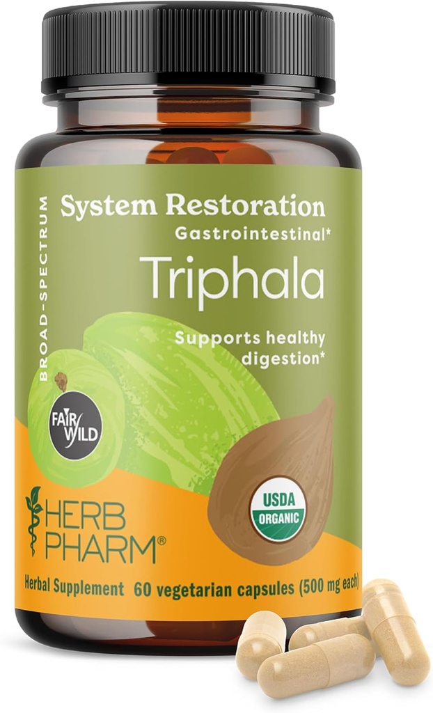 Herb Pharm USDA Organic Triphala Capsules | Cleansing & Detoxification Support & Digestive Health Support With Amla, Haritaki & Bibhitaki, FAIRWILD® Certified | 60 Vegan Capsules, Up to 30 Day Supply*