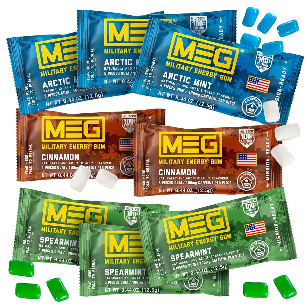 MEG - 軍のエネルギー ガム | パー ピースのカフェインの100mg + 増加エネルギー + ブースト物理的な性能 + アークティック ミント、スペアミント、及びシナモンの多味 + 8 パック(40 カウント)