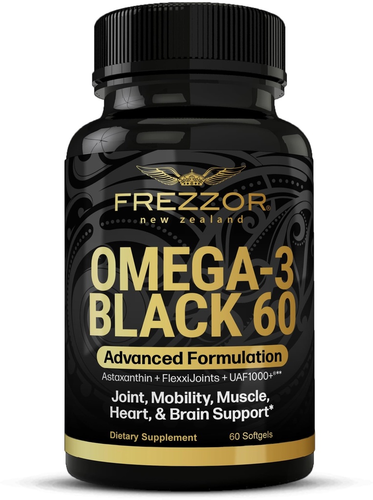 FREZZOR Omega 3 ブラック のための 共同ケア & コンフォート - ニュージーランド グリーン リッピング Mussel オイル カプセル; 53x 高い効力 と UAF1000 + スーパー 酸化防止, いいえ 魚 後味, 1-パック, 60 Softgels