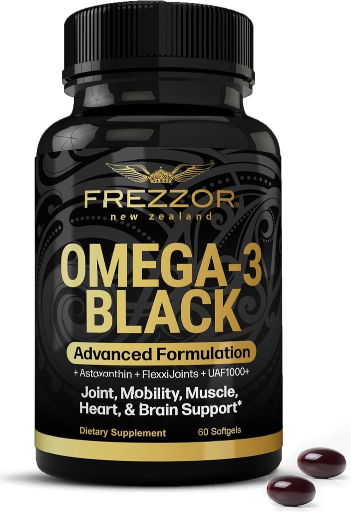 FREZZOR Omega 3 ブラック のための 共同ケア & コンフォート - ニュージーランド グリーン リッピング Mussel オイル カプセル; 53x 高い効力 と UAF1000 + スーパー 酸化防止, いいえ 魚 後味, 1-パック, 60 Softgels