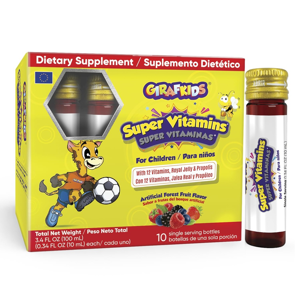GirafKids 子供のためのスーパービタミン 4 歳 | 10 瓶詰め 免疫サポート&エネルギーのための液体マルチビタミン | 12 ビタミン | おいしい森の果実味 | ロイヤルゼリー&プロポリスに配合