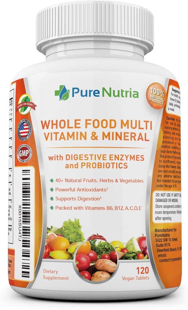 Whole Food MultiVitamin and Minerals with Probiotic Enzymes - 120 Multivitamins for Women and Men - Packed with WholeFood and Herbal Ingredients - Powerful Antioxidants for Digestive Support