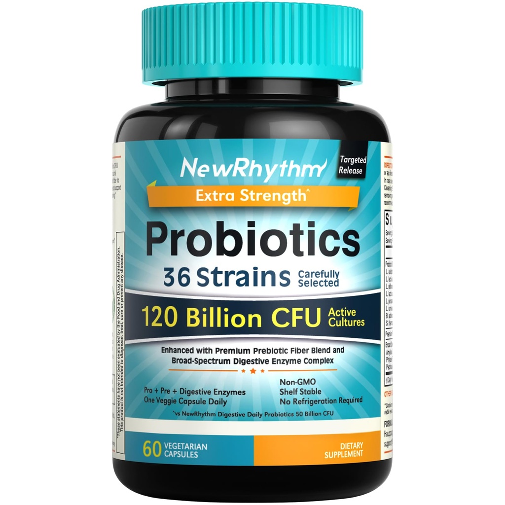NewRhythm Probiotics 120 Billion CFU 36 Strains、3-in-1 Probiotics for Digestive Health & Immune Support with Prebiotics & Enzymes、Probioticos for Women & Men、ターゲティングリリース、60 Veggie Cap