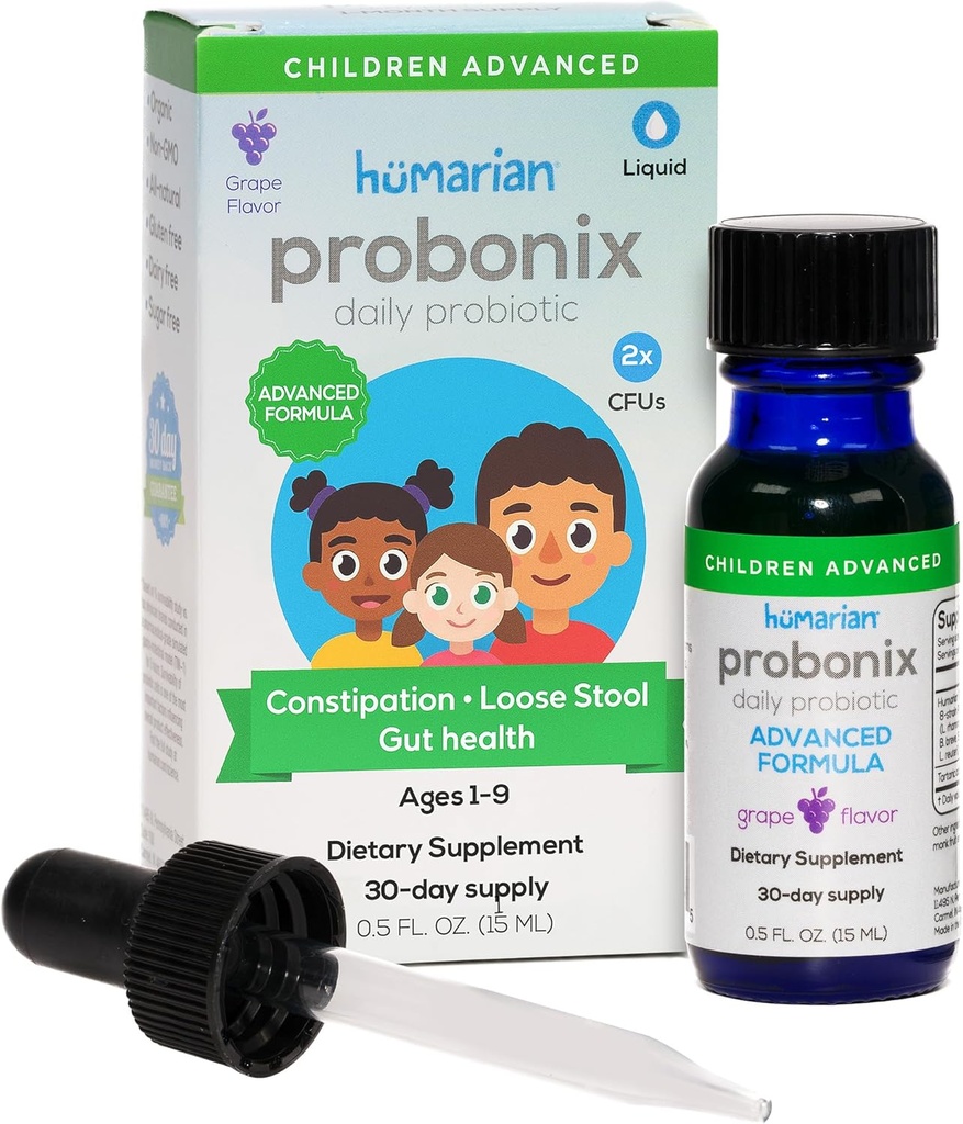 ヒューマリアン Probonix アドバンスト 液体 プロバイオティクス for Kids 30 lbs and up - 8 strain Kids Probiotic Drops to Fortify Gut Health, Immunity and More - 30 日間サプライ - Tasty Grape Flavor