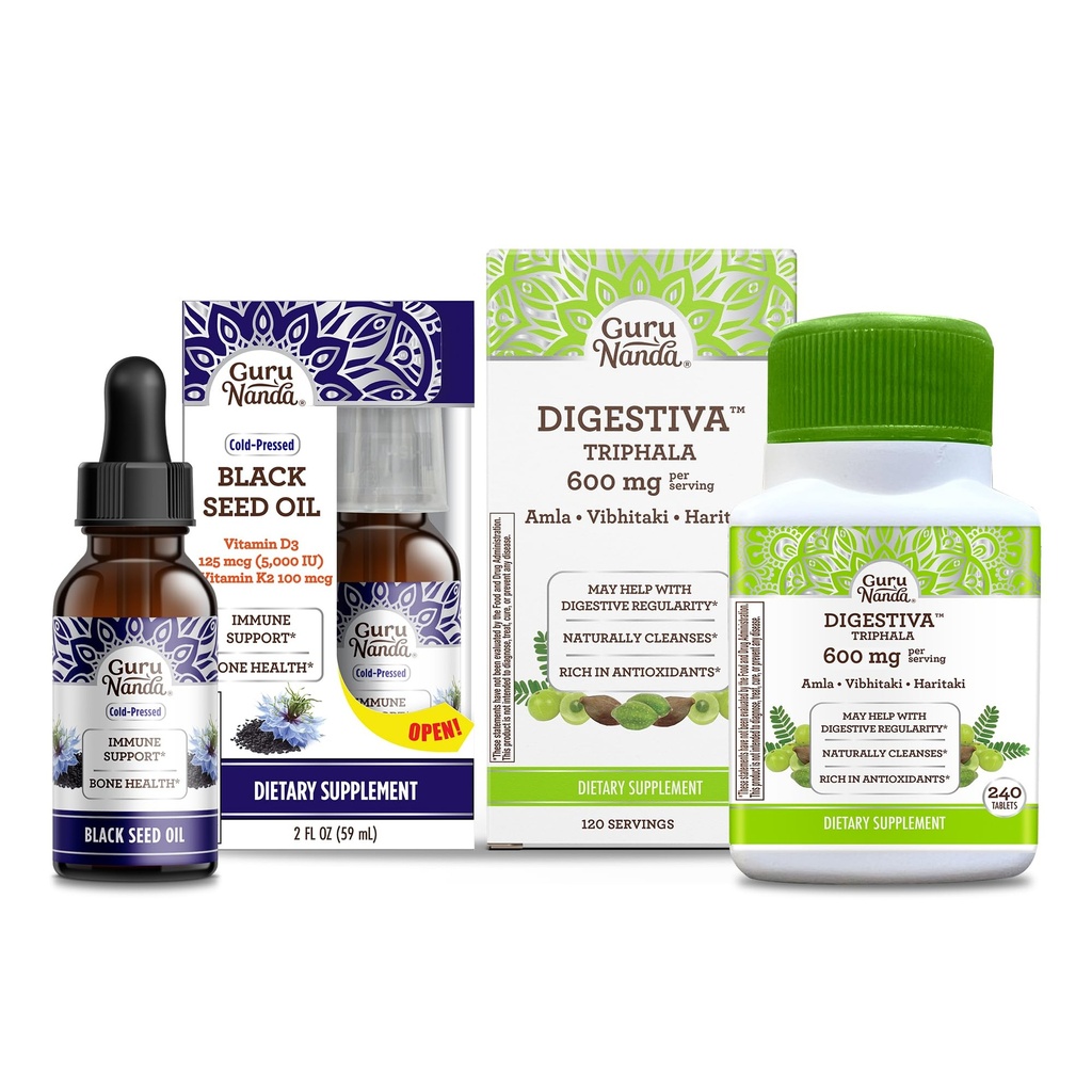 GuruNandaブラックシードオイル、コールドプレスニゲラサティバ - ビタミンD3 5000ユニット&ダイジェスティバTriphala(240錠)で豊富で、ダイジェストをサポートし、Bloatingで役立ちます