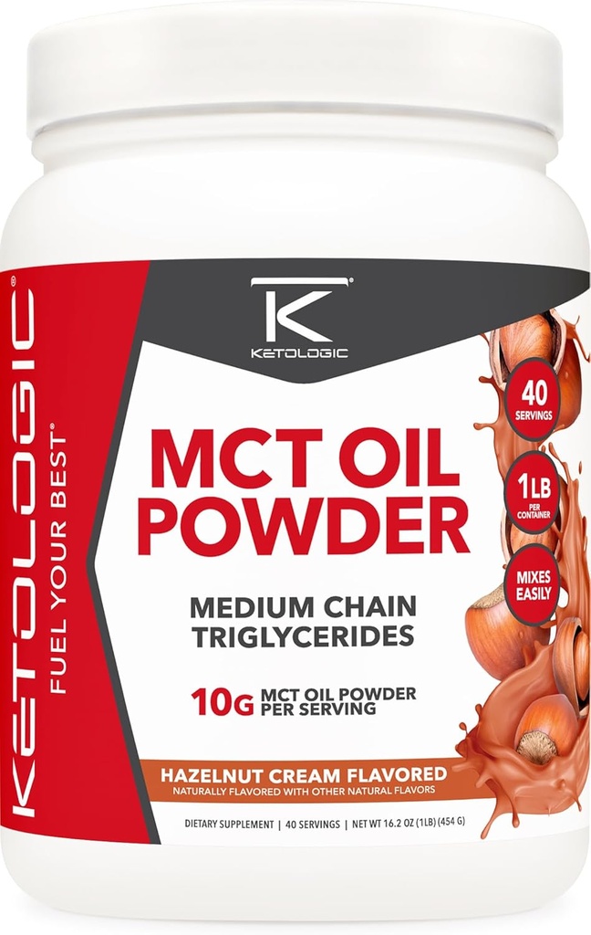Ketologic MCTオイルパウダーヘーゼルナッツクリーム(1 LB) – Keto Coffee Creamer & Energy Support – 41 焦点と燃料のための中鎖トリグリセリドのサービング