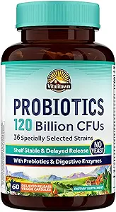 Vitalitown Probiotics 120 Billion CFUs | 36 Strains, Prebiotics & Digestive Enzymes | 安定的 | 消化の健康と免疫サポート | ビーガン, 非GMO | 1のパック | 60 遅延解放のベジーキャップ