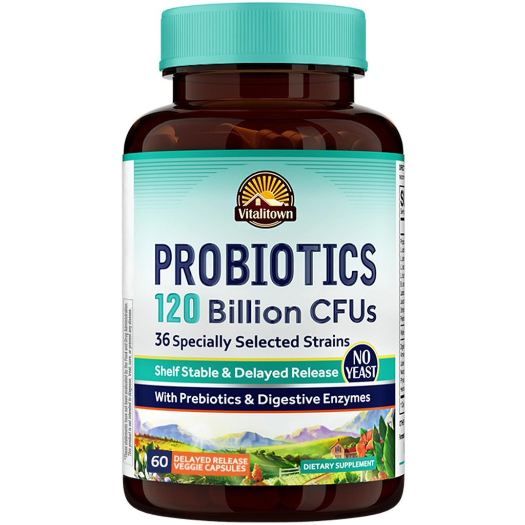 Vitalitown Probiotics 120 Billion CFUs | 36 Strains, Prebiotics & Digestive Enzymes | 安定的 | 消化の健康と免疫サポート | ビーガン, 非GMO | 1のパック | 60 遅延解放のベジーキャップ